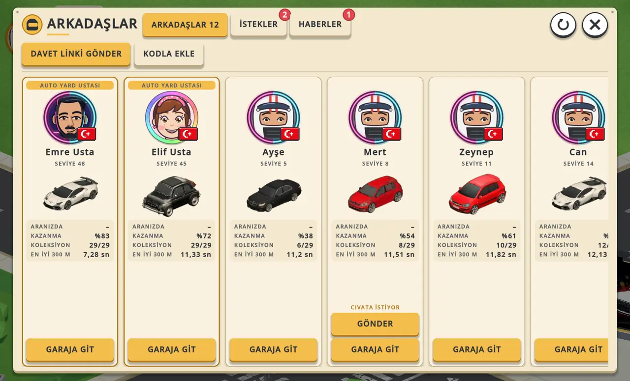 Arkadaşlar ekranı: avatarlı arkadaş kartları, vitrin araçları ve istatistikler