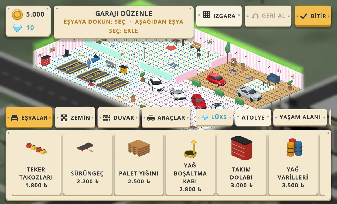 Garajı düzenle ekranı: ızgaralı zemin, eşya kategorileri ve atölye eşyaları