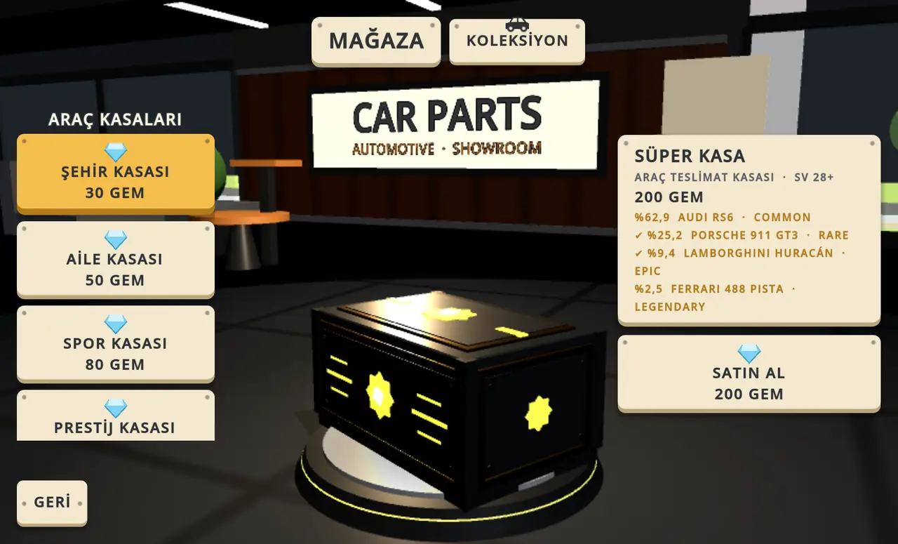 Showroom mağazası: kasa listesi, tabladaki süper kasa ve araçların çıkma oranları