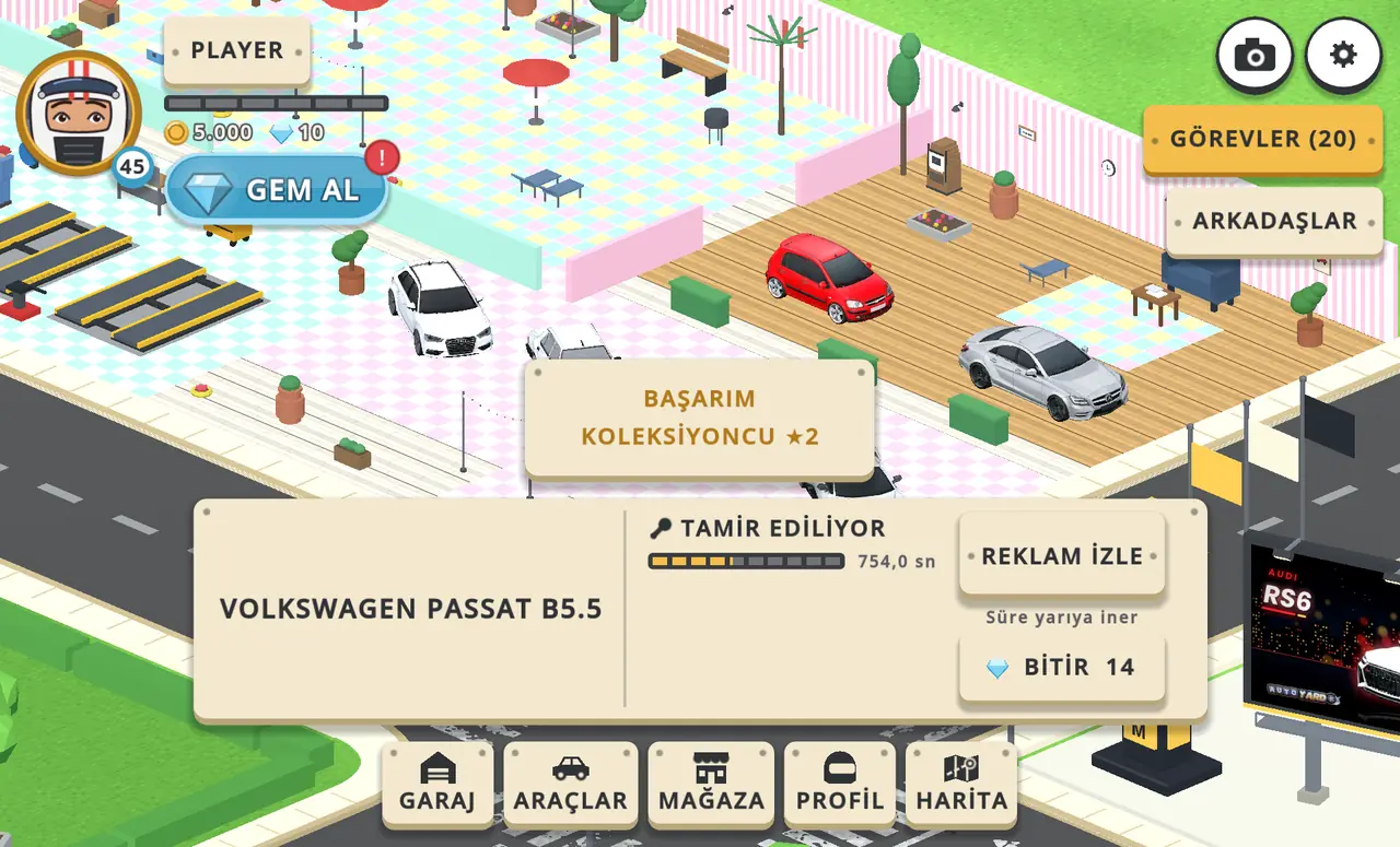 Şehir görünümü: dekorlu garajın önünde tamir edilen bir Volkswagen Passat ve tamir paneli